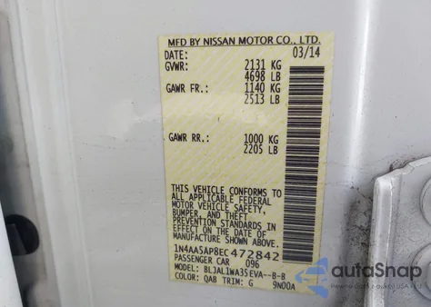 2014 Nissan Maxima 3.5 Sv из США, поврежденный, VIN 1N4AA5AP8EC472842